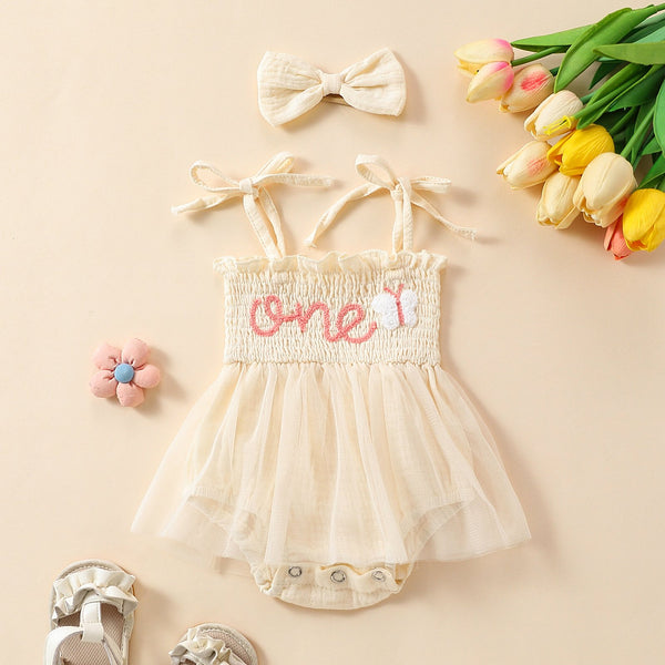 Baby Girl Cute Towel Embroidered Suspenders Mesh Skirt