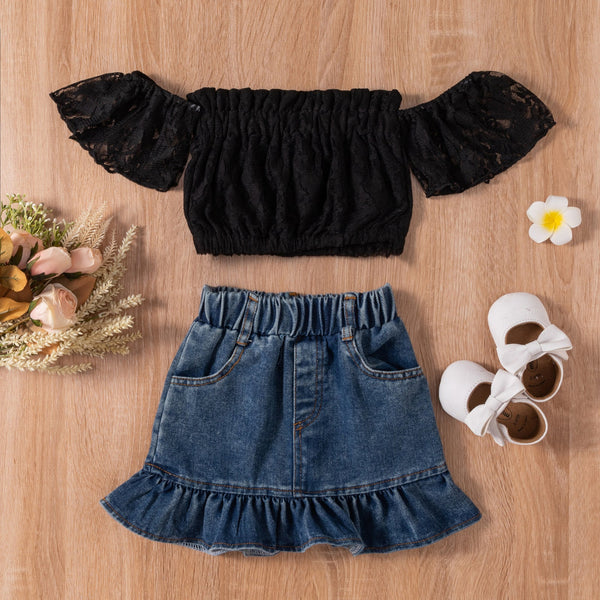 Lace Strapless Top Denim Skirt Pawlulu