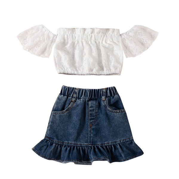 Lace Strapless Top Denim Skirt Pawlulu