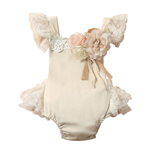 Lace Flutter-sleeve Floral Rompers Pawlulu